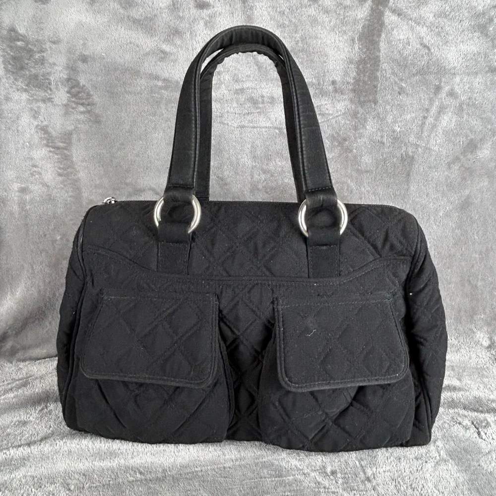 Vera Bradley Black Quilted Cotton Satchel Handbag with Front Pockets